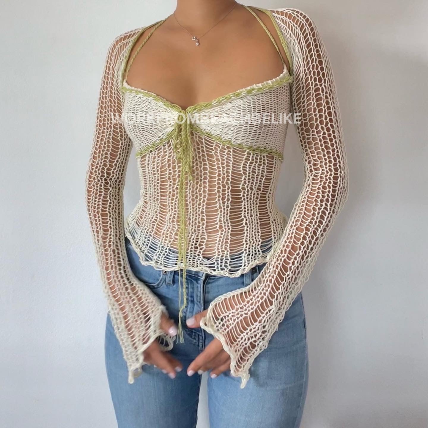Sleeves Halter Top - Pistachio & White