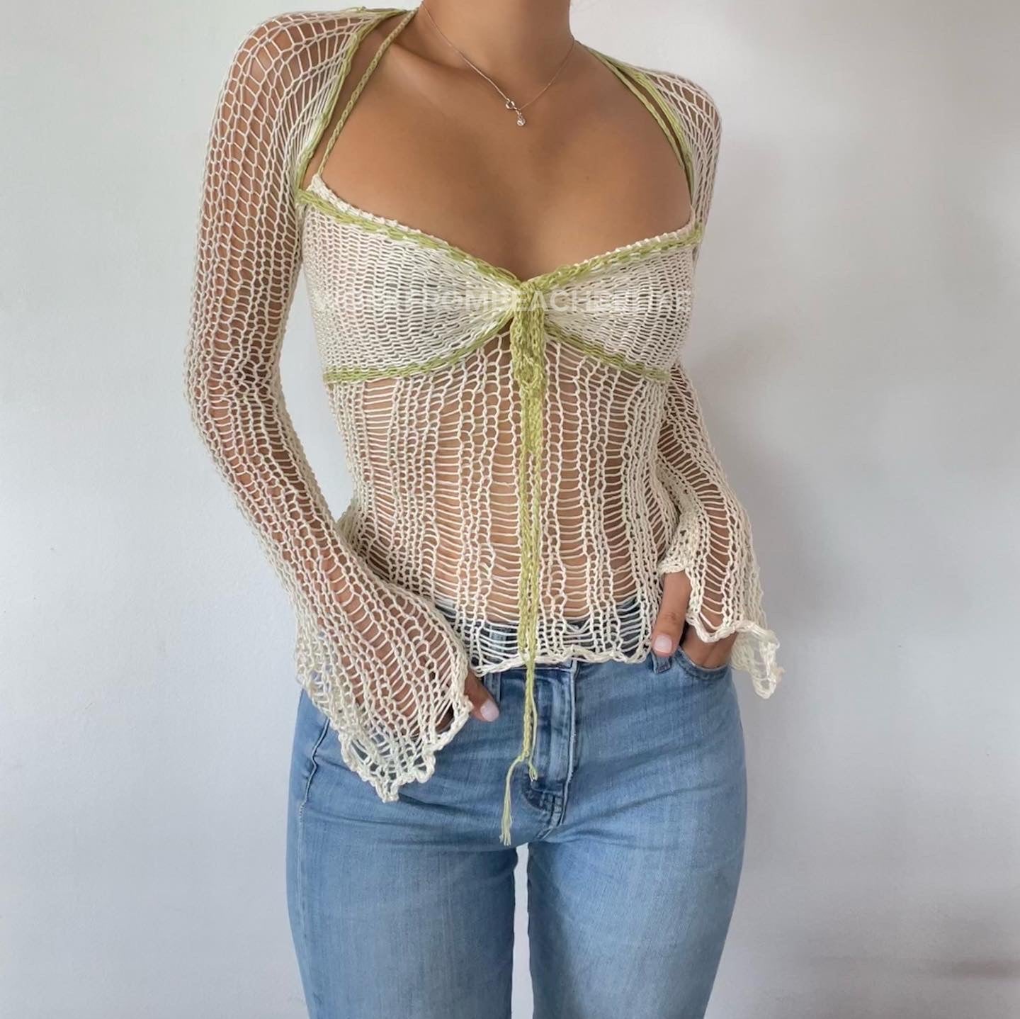 Sleeves Halter Top - Pistachio & White