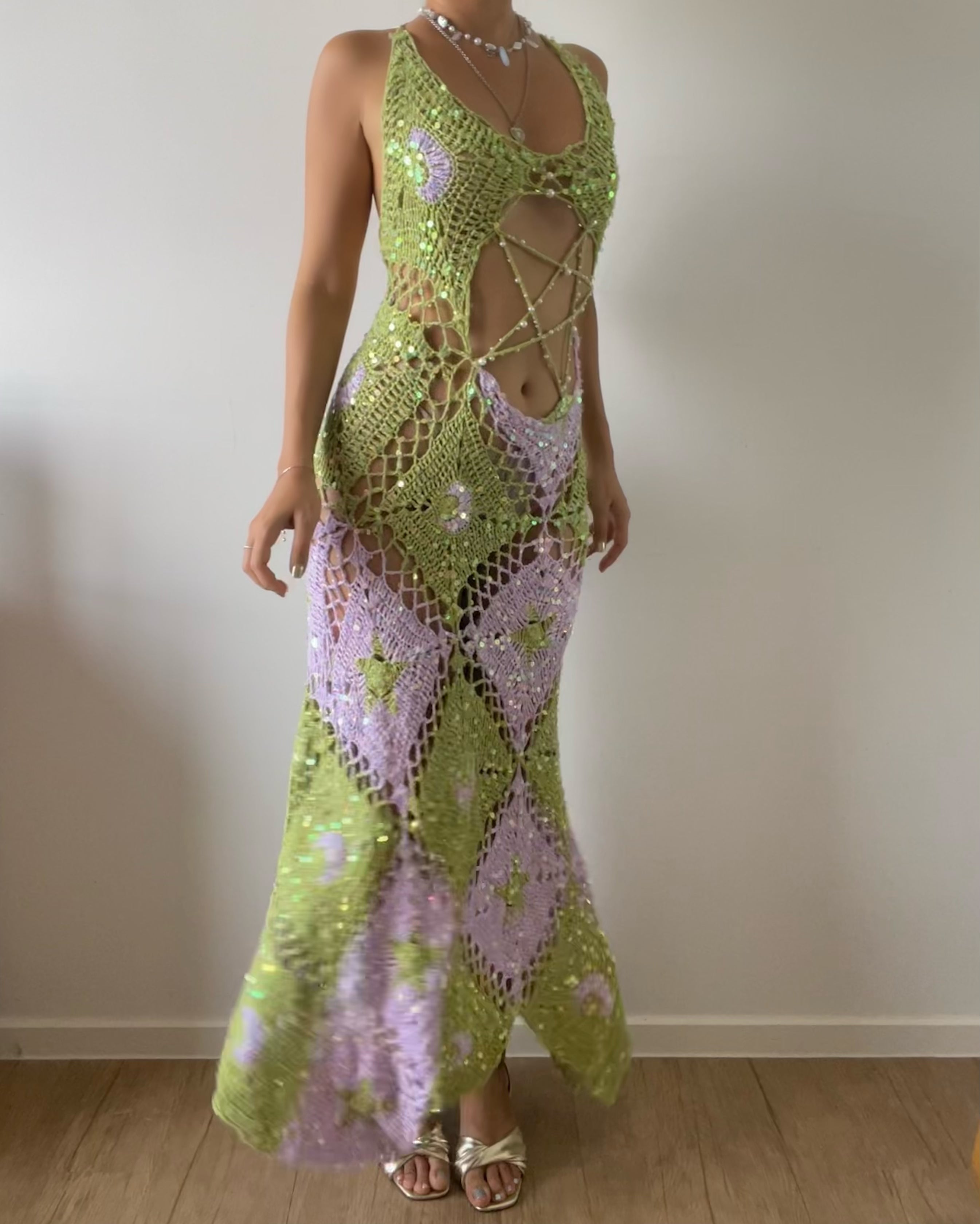 Moon & Stars dress - Lime & Pale purple ( Long ver.)