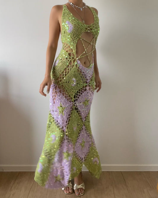 Moon & Stars dress - Lime & Pale purple ( Long ver.)