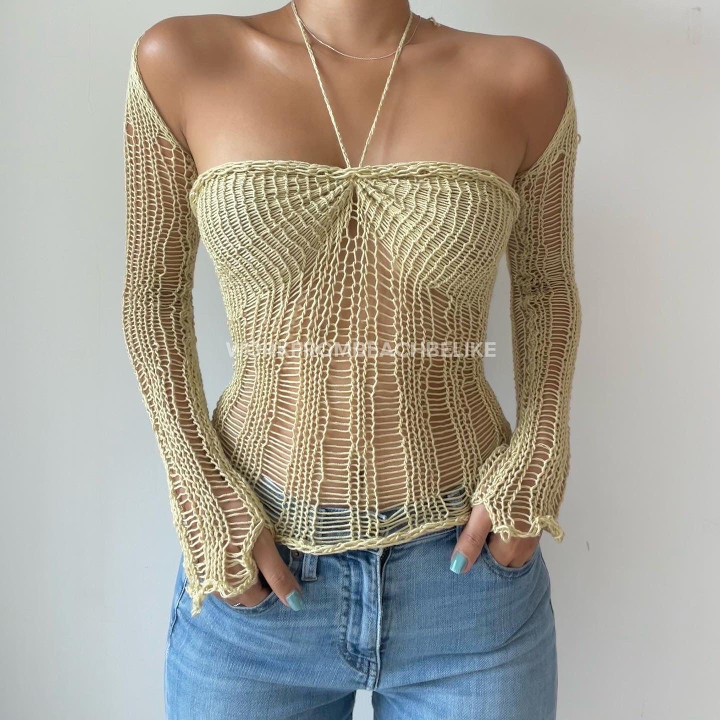 Sleeves Halter Top - Pistachio
