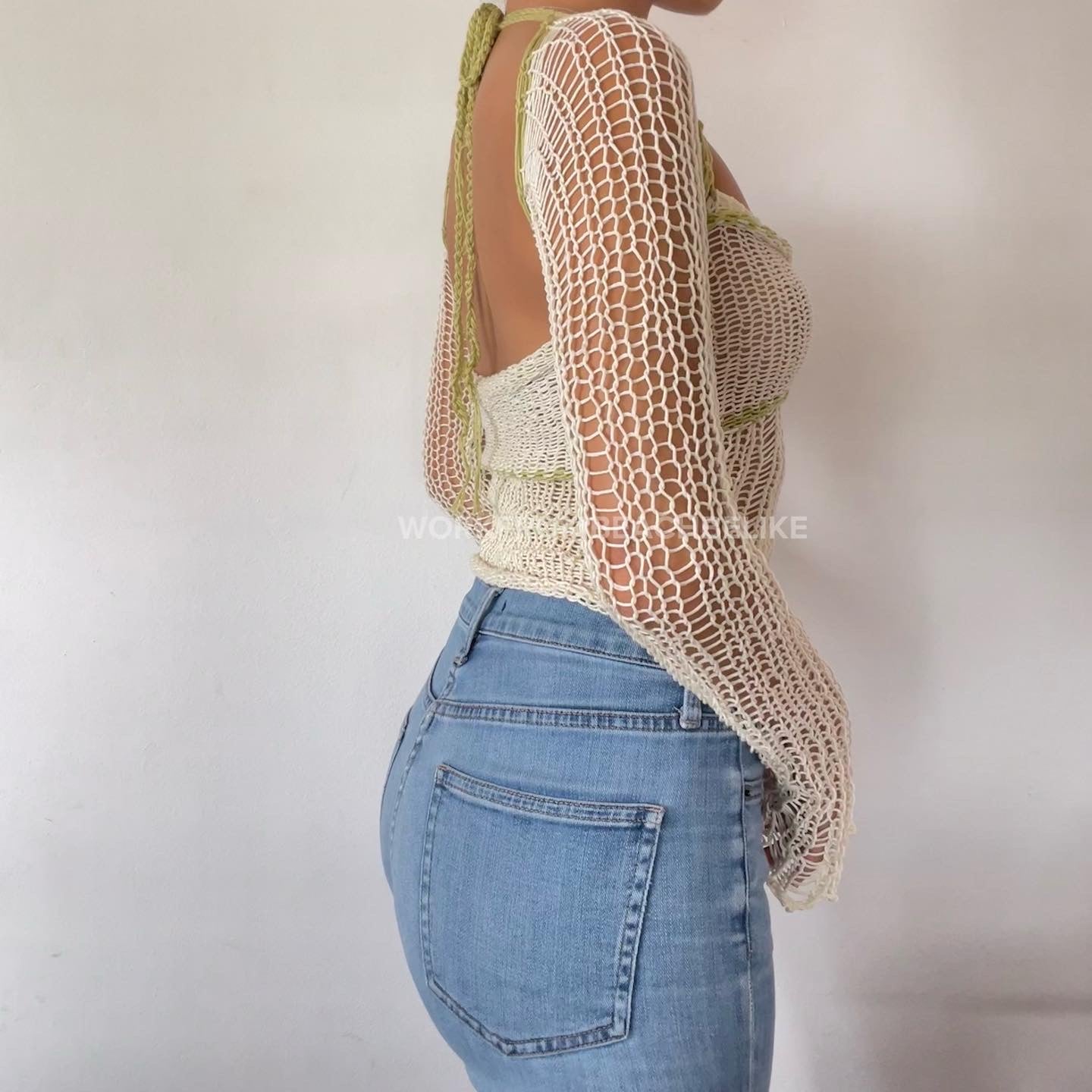 Sleeves Halter Top - Pistachio & White