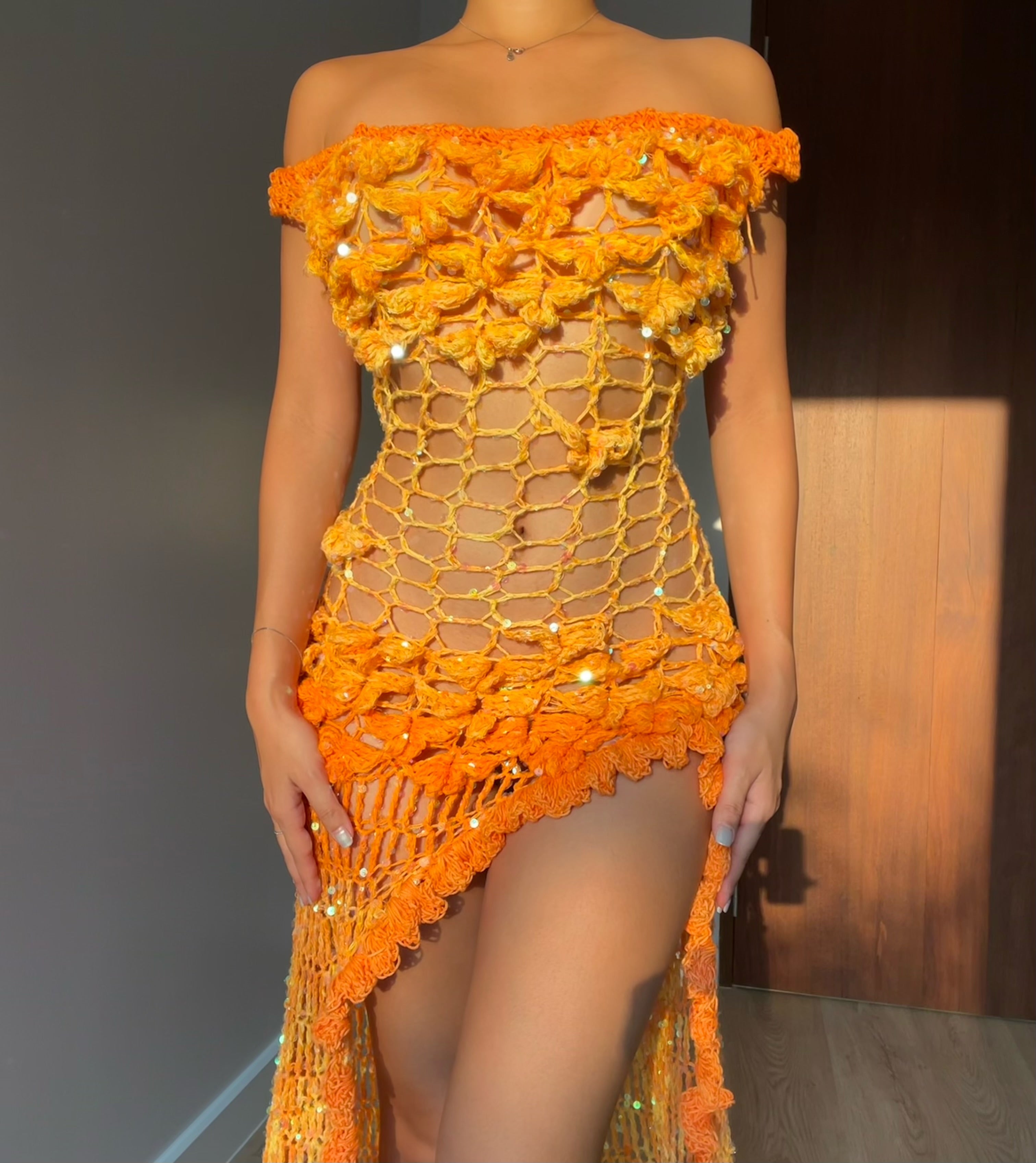 orange dress with gold butterflies Fashion Irregular Butterfly Wings Beaded Mini Dress