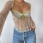 Sleeves Halter Top - Pistachio & White