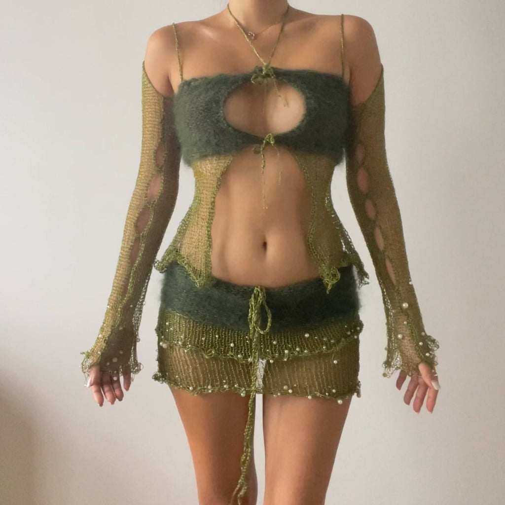 Fluffy set (Top&Skirt) - Dark Green
