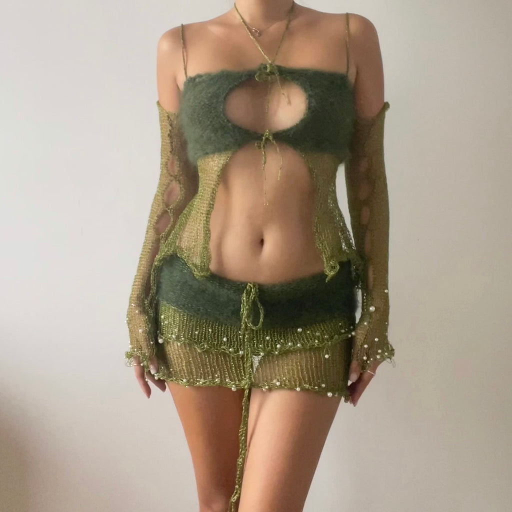 Fluffy set (Top&Skirt) - Dark Green